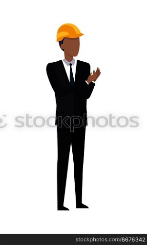 Man in Black Suit and Yellow Helmet Clapping Hands. Successful architect standing and clapping hands. Man in black suit and yellow helmet. Building manager. Investor in expensive cloth and classical shirt. Cartoon style in flat design. Vector