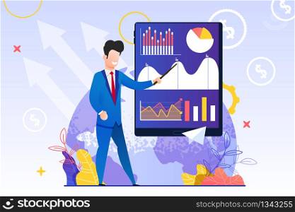 Man in Blue Suit Shows Pointer Chart. Screen Tablet with Schedule Increase and Decrease. Flat Vector Illustration. On Background Planet Earth. Global Trends and Latest News. Business Analytics.