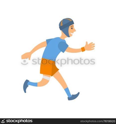 Man in blue t-shirt , shorts and socks run marathon, jogging man in helmet, flat style. Vector jogger or rugby runner in uniform running isolated person. Man in Blue T-Shirt Shorts and Socks Run Marathon