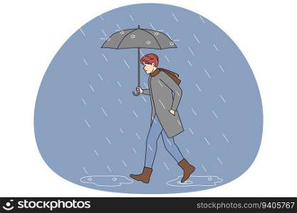 Man in boots and outerwear walking in rain under umbrella. Guy out on rainy day. Weather and climate change. Vector illustration.. Man with umbrella walking in rain