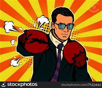 Man in boxing gloves vector illustration in comic pop art style. Businessman ready to fight and protect his business concept. Fight club. Boxing and glove, boxer strength.