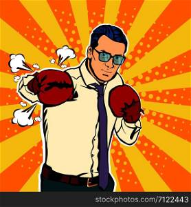 Man in boxing gloves vector illustration in comic pop art style. Businessman ready to fight and protect his business concept. Fight club. Boxing and glove, boxer strength.