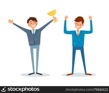 Man in business, awarded office worker holds prize vector. People wearing formals suits with ties, successful boss and manager achieved success win. Man in Business, Awarded Office Worker Holds Prize
