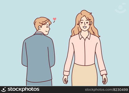 Man in business clothes looks back at beautiful woman having loving feelings for work colleague. Concept office romance between guy and girl who are employees of same company. Flat vector image. Man in business clothes looks back at beautiful woman having romantic feelings. Vector image
