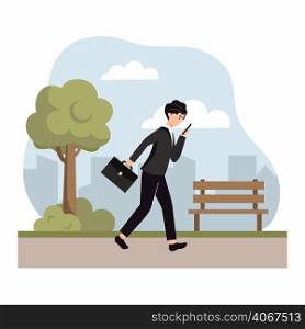 Man in business suit and carrying briefcase is walking around city. Businessman on walk. Character hurries to meeting. Vector character in cartoon style.
