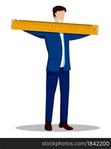 man in business suit holds large ruler in his hands. Size plays important role. Vector
