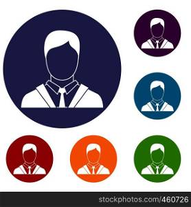 Man in business suit icons set in flat circle reb, blue and green color for web. Man in business suit icons set