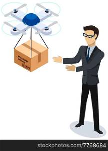 Man in business suit received package from drone. Drone delivery and shipment concept. Transportation of goods with innovative technology. Worldwide delivery. Businessman picks up box from quadcopter. Man in business suit received package from drone. Transportation of goods with innovative technology