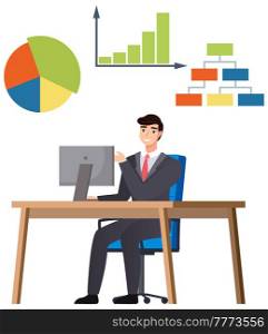 Man in business suit working on laptop at his office desk. Male entrepreneur analyzes statistical data. Mind map on topic of office work with statistics. Businessman with computer works in business. Man in business suit working on laptop. Male entrepreneur analyzes statistical data mind map