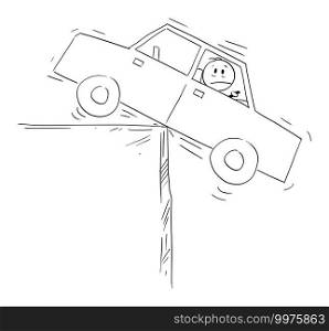Man in car balancing on the edge,financial concept of risk, debt and loan, vector cartoon stick figure or character illustration.. Man in Car Balancing on the Edge, Concept of Risk, Loan and Finance.Vector Cartoon Stick Figure Illustration