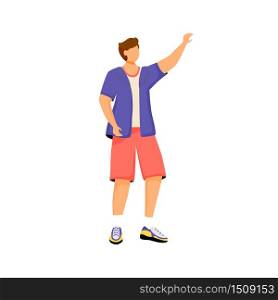 Man in casual clothes flat color vector faceless character. Guy raising hand up, young boy wearing summer clothing isolated cartoon illustration for web graphic design and animation