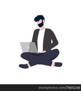 Man in casual clothes sitting cross-legged with laptop. Person using and looking at computer, worker and opened notebook, displaying desktop vector. Person Sitting Cross-Legged with Laptop Vector