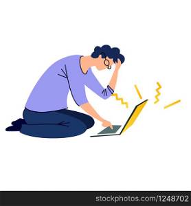 Man in casual clothing sitting on floor and typing on laptop keyboard cartoon vector illustration isolated on white background. Freelancer at his workplace or student. Man sitting on floor and typing on laptop