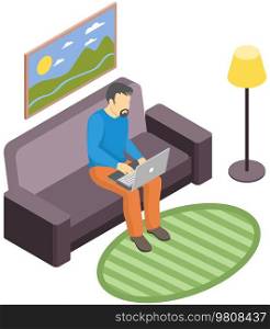 Man in casual outfit sitting at home on comfortable couch and browsing or working on laptop at his laps. Freelance, online education or social media concept. Male student receives distance education. Man in casual outfit sitting at home on comfortable couch, browsing or working on laptop at his laps