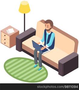 Man in casual outfit sitting at home on comfortable couch and browsing or working on laptop at his laps. Flat style isometric vector illustration. Freelance, online education or social media concept. Man in casual outfit sitting at home on comfortable couch, browsing or working on laptop at his laps