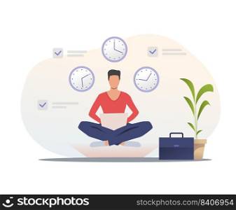 Man in casual using laptop. Freelancer sitting in lotus position, clock, briefcase. Time management concept. Vector illustration for presentation slide template or website design