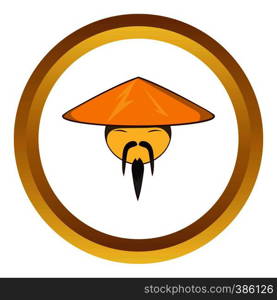 Man in chinese conical hat vector icon in golden circle, cartoon style isolated on white background. Man in chinese conical hat vector icon