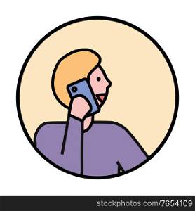 Man in circle with thin line border. Guy talking on phone with somebody. Young person hold mobile device in hand and have telephone conversation. Minimalistic vector illustration in flat style. Man Talk on Phone, Person on Minimalistic Picture