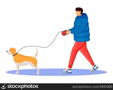 Man in coat flat color vector faceless character. Walking with dog caucasian guy. Rainy day. Wet weather. Stylish male in sneakers isolated cartoon illustration on white background