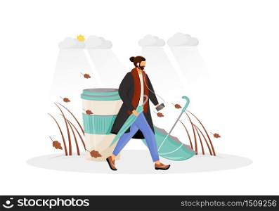 Man in coat go for walk flat concept vector illustration. Person with umbrella. Male hipster in fall 2D cartoon character for web design. Coffee takeaway in cold weather. Autumn creative idea