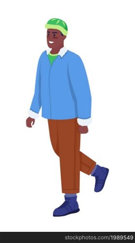 Man in coat happy for walk semi flat color vector character. Walking figure. Full body person on white. Winter season isolated modern cartoon style illustration for graphic design and animation. Man in coat happy for walk semi flat color vector character