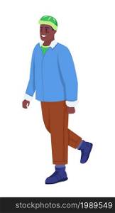 Man in coat happy for walk semi flat color vector character. Walking figure. Full body person on white. Winter season isolated modern cartoon style illustration for graphic design and animation. Man in coat happy for walk semi flat color vector character