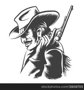 Man in cowboy clothes with revolver in his hand. Engraving Style. Monochrome on white background.