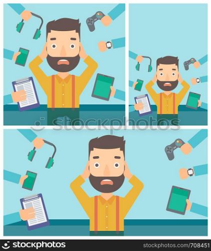 Man in despair and many hands with gadgets around him. Young man surrounded with gadgets. Man using many electronic gadgets. Vector flat design illustration. Square, horizontal, vertical layouts.. Young man surrounded with his gadgets.