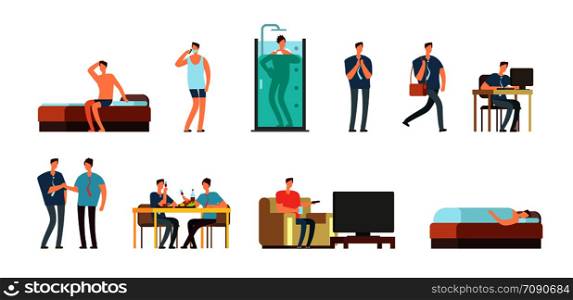 Man in everyday life. People daily routine vector cartoon businessman characters set. Work character everyday, man life and business illustration. Man in everyday life. People daily routine vector cartoon businessman characters set