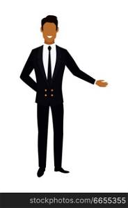 Man in expensive suit pointing on something by hand. Waiter in restaurant or door boy portier in hotel vector illustration of facelece male character. Man in Expensive Suit Pointing on Something Vector