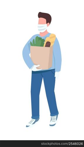 Man in facemask semi flat color vector character. Standing figure. Full body person on white. Guy holding shopping bag simple cartoon style illustration for web graphic design and animation. Man in facemask semi flat color vector character