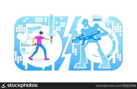 Man in fighter simulator 2D vector web banner, poster. Male gamer with VR headset and controller flat character on cartoon background. Simulator for entertainment. AR videogame colorful scene. Man in fighter simulator 2D vector web banner, poster