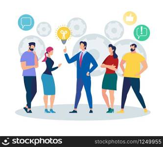 Man in Formal Suit Point on Light Bulb on White Background with Cogwheels. Business Training Sharing Idea. Office People Listening and Interacting with Businessman. Cartoon Flat Vector Illustration. Office People Characters Listening Businessman.
