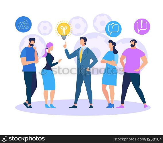 Man in Formal Suit Point on Light Bulb on White Background with Cogwheels Icons. Employees Listening and Interacting with Businessman. Business Training Sharing Idea. Cartoon Flat Vector Illustration. Business Training Sharing Idea. Office People