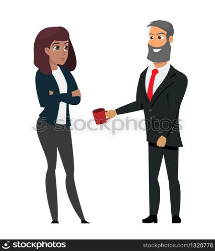 Man in Formal Wear Offering Coffee Businesswoman. Two Freelancer Character Standing. Businesswoman Fold Arm. Businessman with Beard in Suit Hold Cup. Flat Cartoon Vector Illustration. Man in Formal Wear Offering Coffee Businesswoman