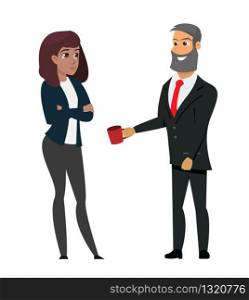 Man in Formal Wear Offering Coffee Businesswoman. Two Freelancer Character Standing. Businesswoman Fold Arm. Businessman with Beard in Suit Hold Cup. Flat Cartoon Vector Illustration. Man in Formal Wear Offering Coffee Businesswoman