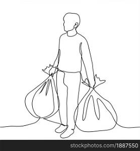 man in full growth stands holding large full packages. One continuous line drawing concept of making stocks, throwing away accumulated trash, giving up mass consumption