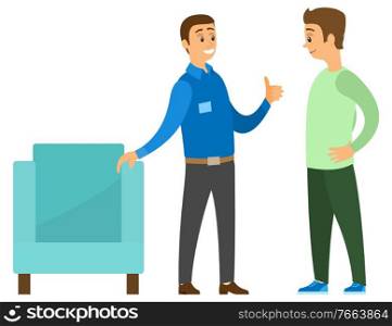 Man in furniture store vector, isolated people in shop. Consultant showing armchair to customer. Male wearing uniform and badge, salesperson flat style. Furniture Store Consultant and Client Interaction