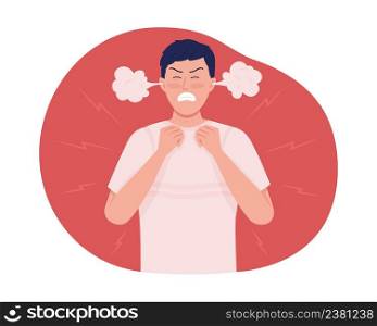 Man in fury 2D vector isolated illustration. Sense of very strong anger flat character on cartoon background. Feeling violent rage colourful scene for mobile, website, presentation. Man in fury 2D vector isolated illustration