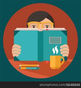 Man in glasses reading book on desk with coffee cup pen and pencil flat vector illustration