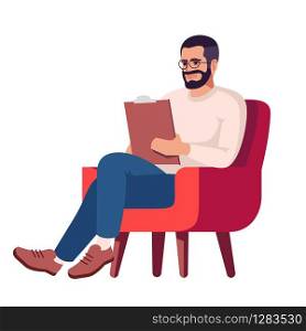 Man in glasses semi flat RGB color vector illustration. Guy with clipboard in armchair. Person taking notes. Interviewer. Psychology consultation. Isolated cartoon character on white background