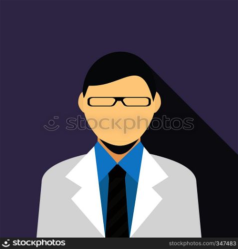 Man in glasses with a beard in a grey suit icon in flat style on a violet background. Man in glasses with a beard in a grey suit icon