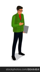 Man in green jacket, dark blue jeans with laptop in glasses vector isolated side view on white. Student or college boy cartoon character, stylish guy. Man in Green Jacket, Dark Blue Jeans with Laptop