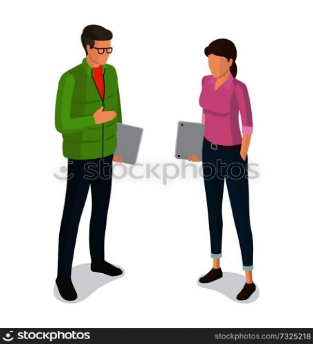 Man in green jacket, jeans with laptop in glasses and faceless woman with notebook vector isolated on white. Student or college cartoon characters. Man and Woman with Laptops Cartoon Characters