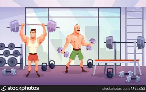Man in gym. Sport workout in fitness club, muscular men characters, training with dumbbell and barbell. Room with sport equipment for powerlifting. Healthy lifestyle cartoon bodybuilder vector concept. Man in gym. Sport workout in fitness club, muscular men characters, training with dumbbell and barbell. Room with sport equipment for powerlifting. Cartoon bodybuilder vector concept