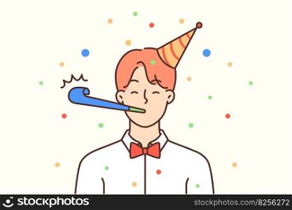 Man in hat celebrates friend anniversary or birthday standing among confetti and using tongue-whistle. Office worker in white shirt celebrating birthday or participating in Christmas party. Man in hat celebrates friend anniversary or birthday standing using tongue-whistle