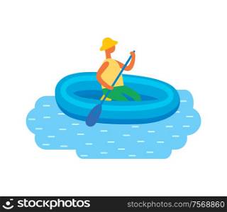 Man in hat swimming on inflatable rubber boat in sea or river isolated vector. Cartoon style person in flat design on craft with oar, male resting on water. Man in Hat Swimming on Inflatable Rubber Boat