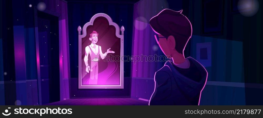 Man in haunted house with ghost appear in mirror. Halloween spooky dark abandoned old building with dead spirit inside. Virtual tour, adventure book or game personages, Cartoon vector illustration. Man in haunted house with ghost appear in mirror