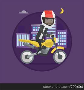 Man in helmet riding a motorcycle on the background of night city. Caucasian hipster man driving a motorcycle on city road at night. Vector flat design illustration in circle isolated on background.. Man riding motorcycle at night vector illustration