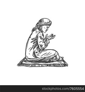 Man in hijab praying on carpet isolated muslim prayer sketch. Vector namaz or salah pray place. Muslim man praying kneeling on carpet isolated